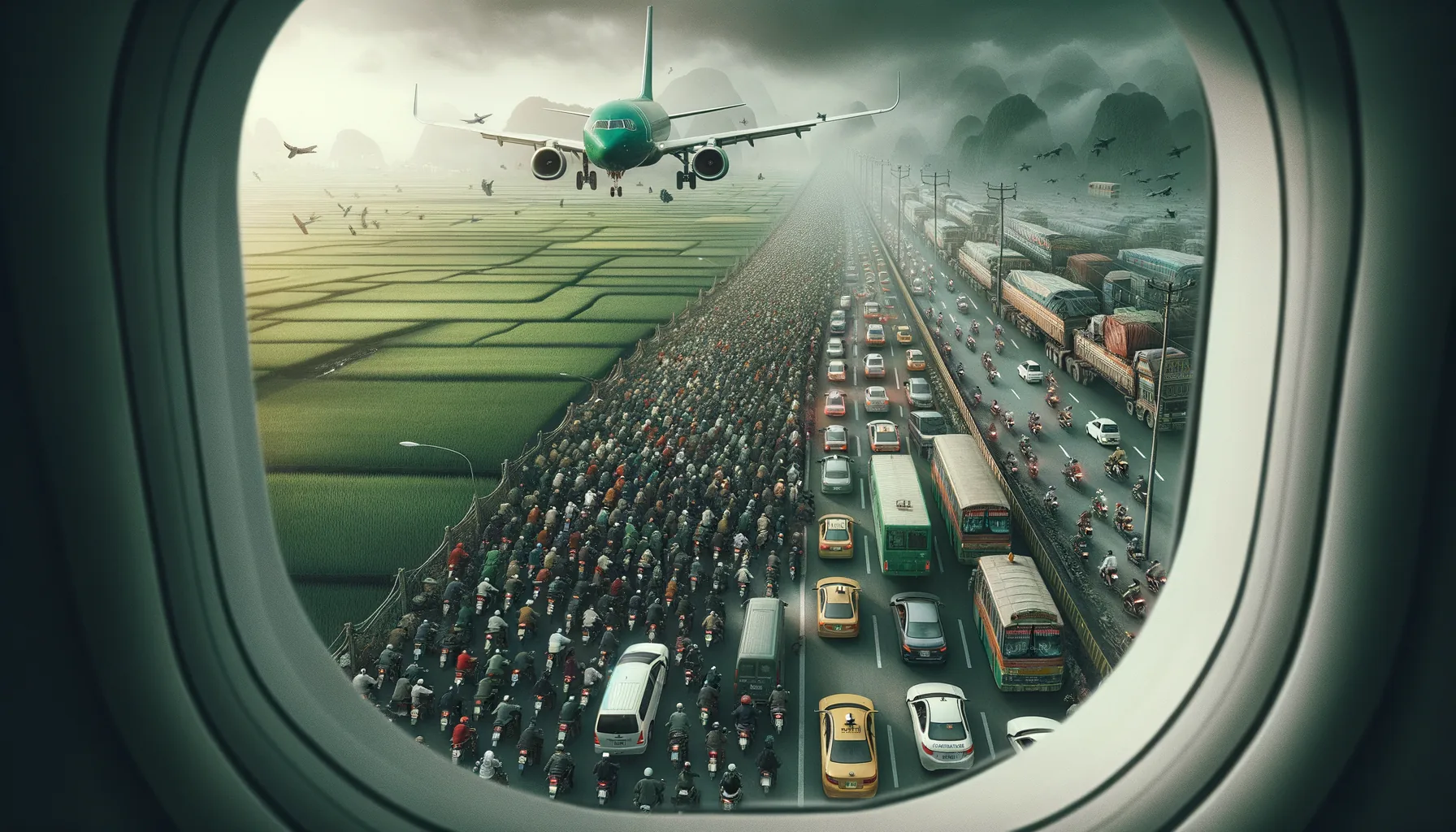 Airplane window view of Vietnam giving way to a long immigration queue and a first chaotic taxi ride through Hanoi traffic
