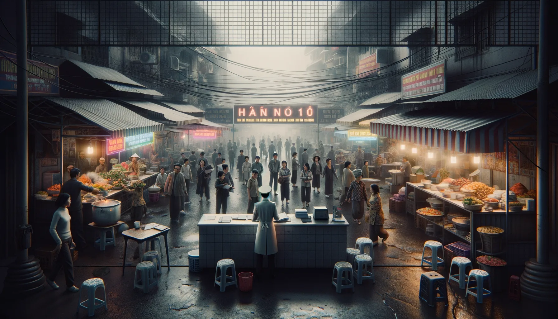 Stiff customs counter in the foreground with warm Hanoi street life and welcoming locals in the background