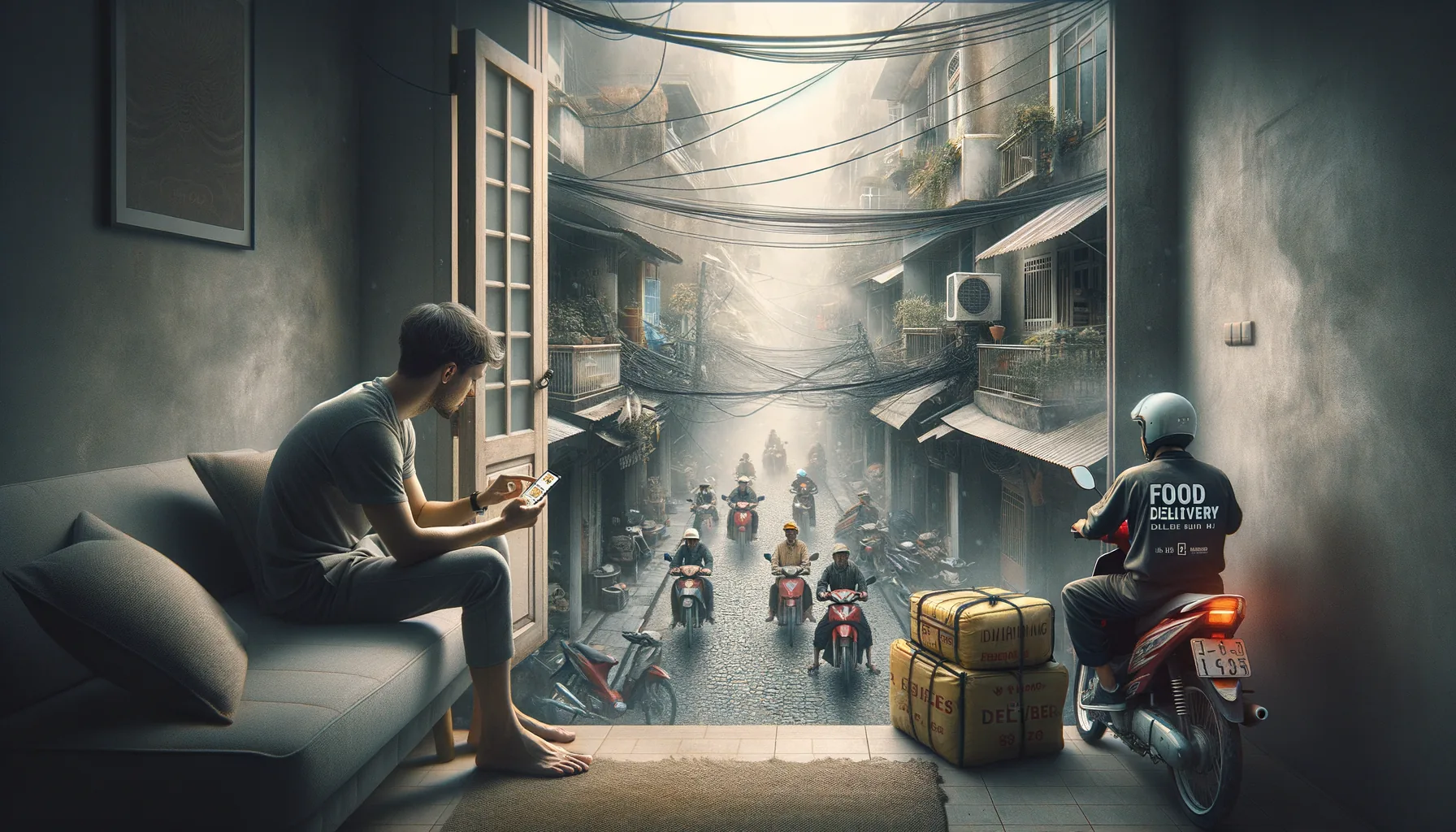 A foreigner at a Hanoi apartment window with delivery apps on his phone while motorbikes and dust move below