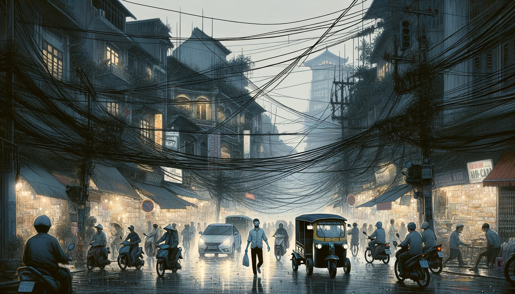 Tangled wires and dense Hanoi traffic at dusk with a calm, unthreatening human atmosphere