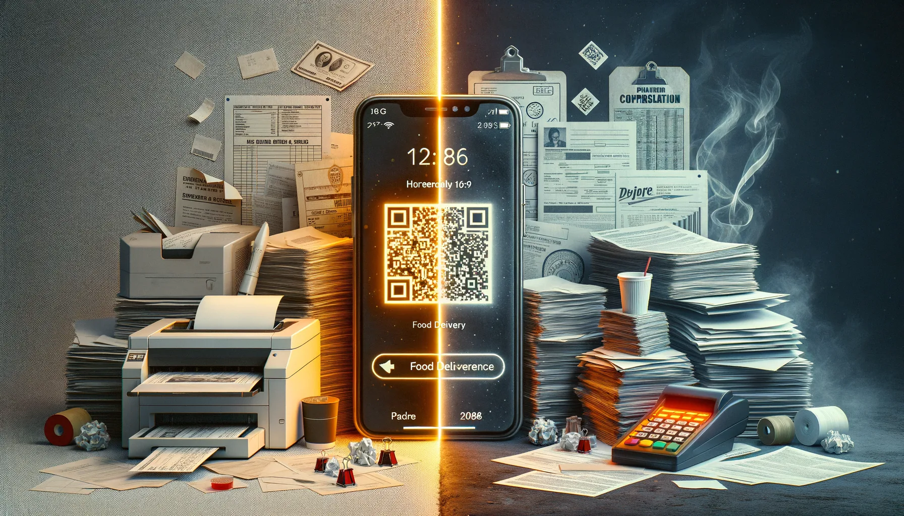 Split composition of glowing smartphone payment on one side and stacks of stamped paperwork from another era on the other