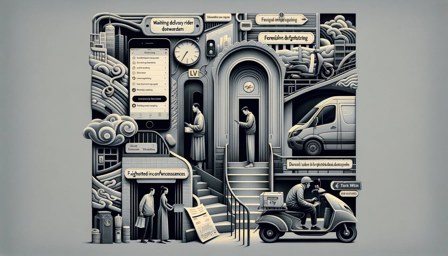 A foreigner surrounded by layers of urban inconvenience: wrong-language app, delivery confusion, customs scrutiny, condo gate, elevator delay