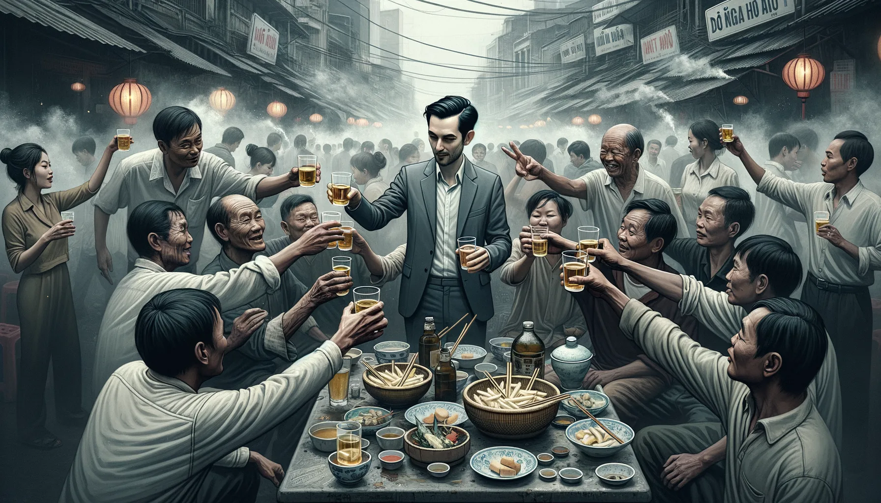 Crowded pavement dinner table with raised toasting glasses, piled plates, cigarette smoke, and fast-arriving belonging