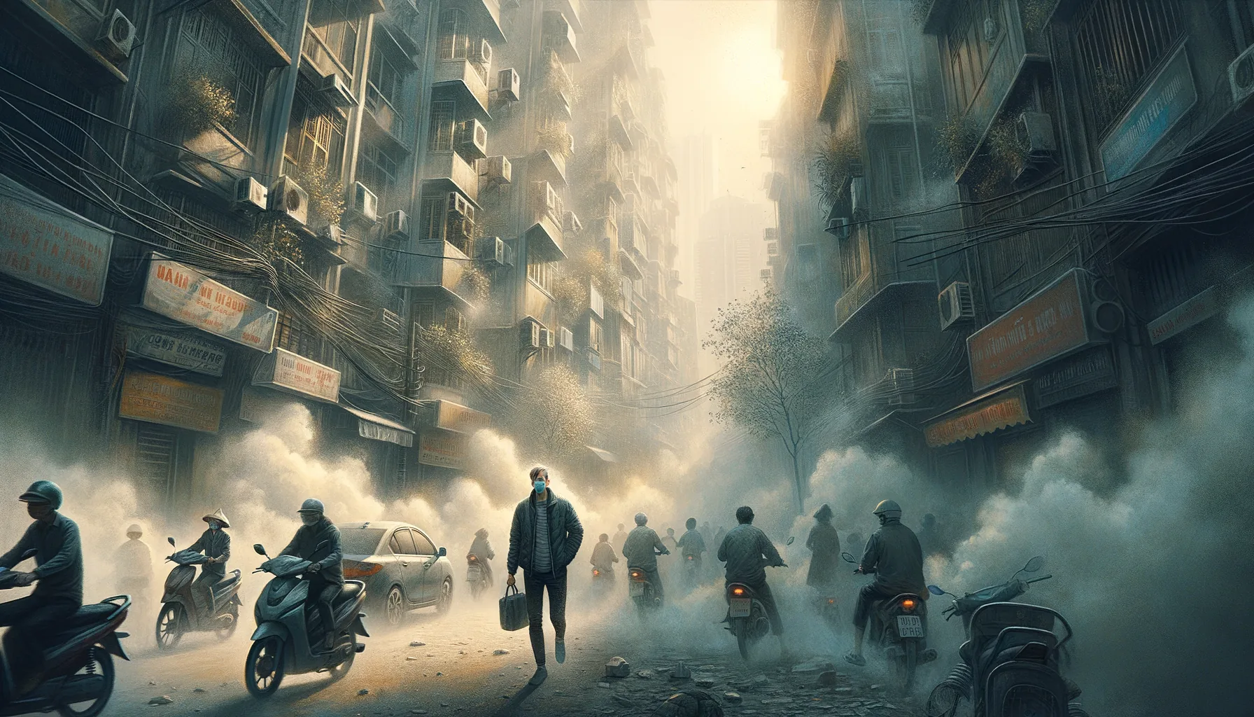A hostile Hanoi morning of layered motorbike exhaust, construction dust, haze, and incense smoke, with a foreigner stepping outside looking resigned