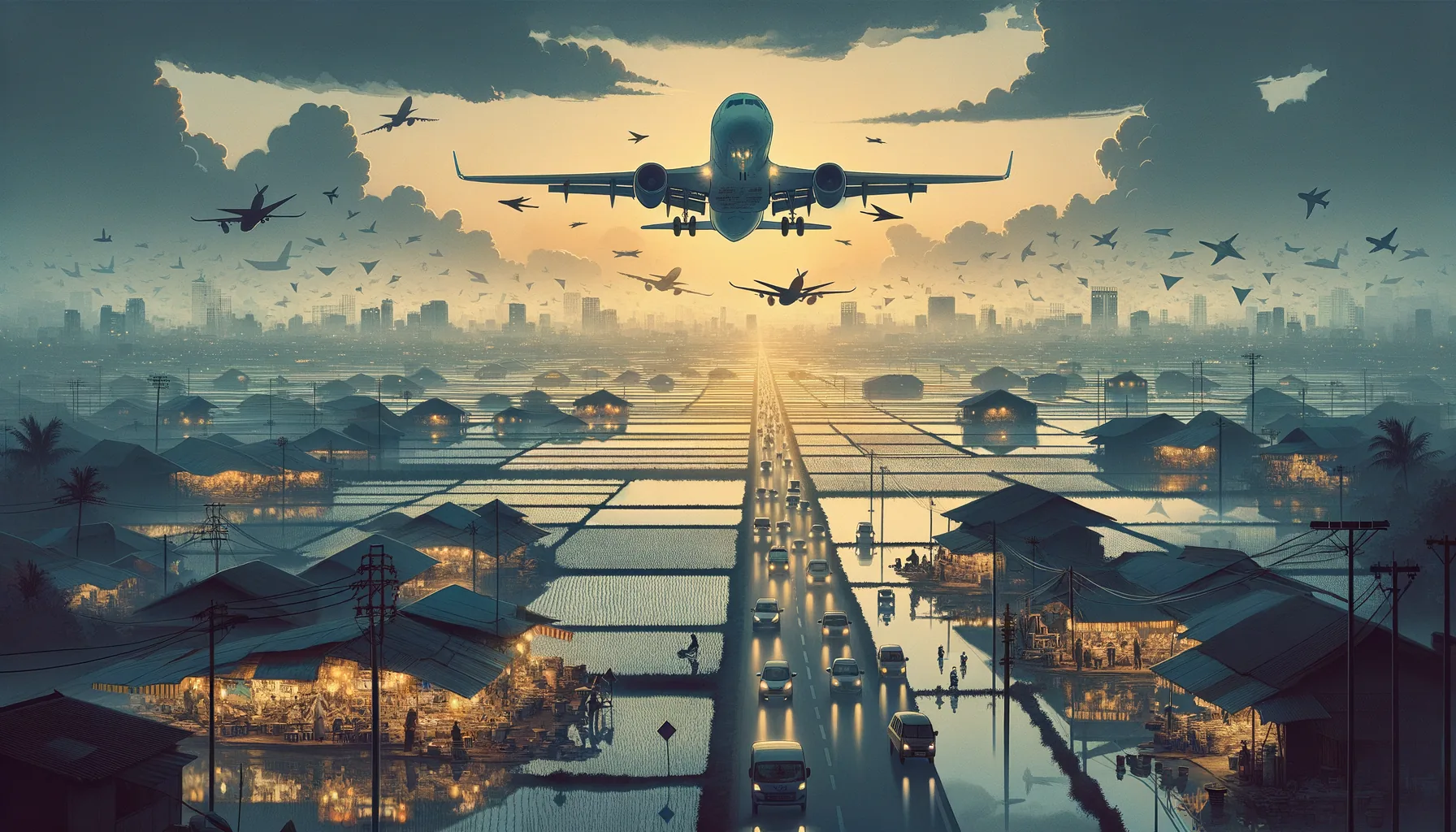 Aerial view of Vietnam on the eve of Tet with soft warm light and ghosted layers of daily friction floating beneath the emotional calm