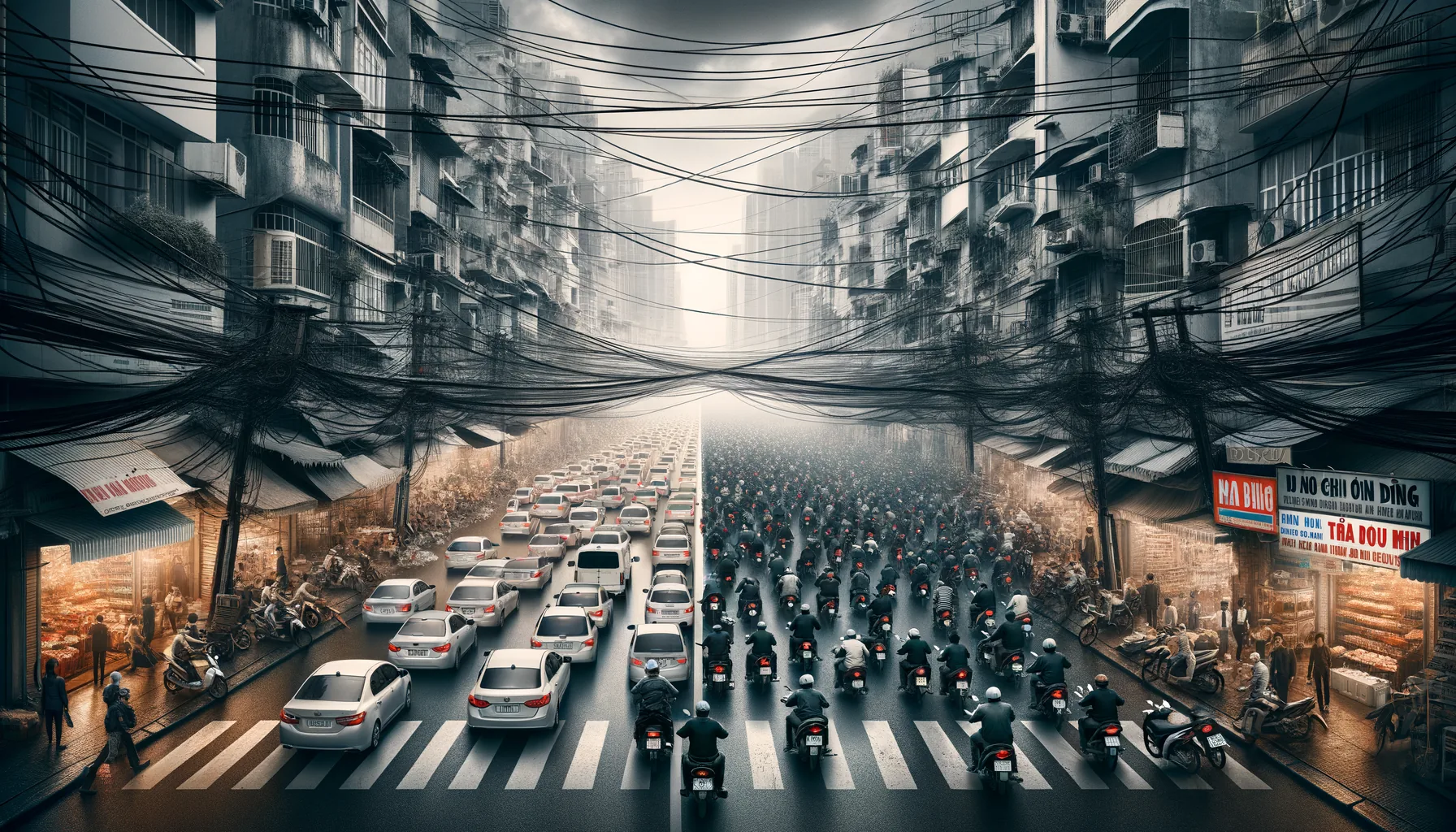 Split editorial scene contrasting Hanoi's jammed acoustically aggressive streets with Ho Chi Minh City's more operational urban flow