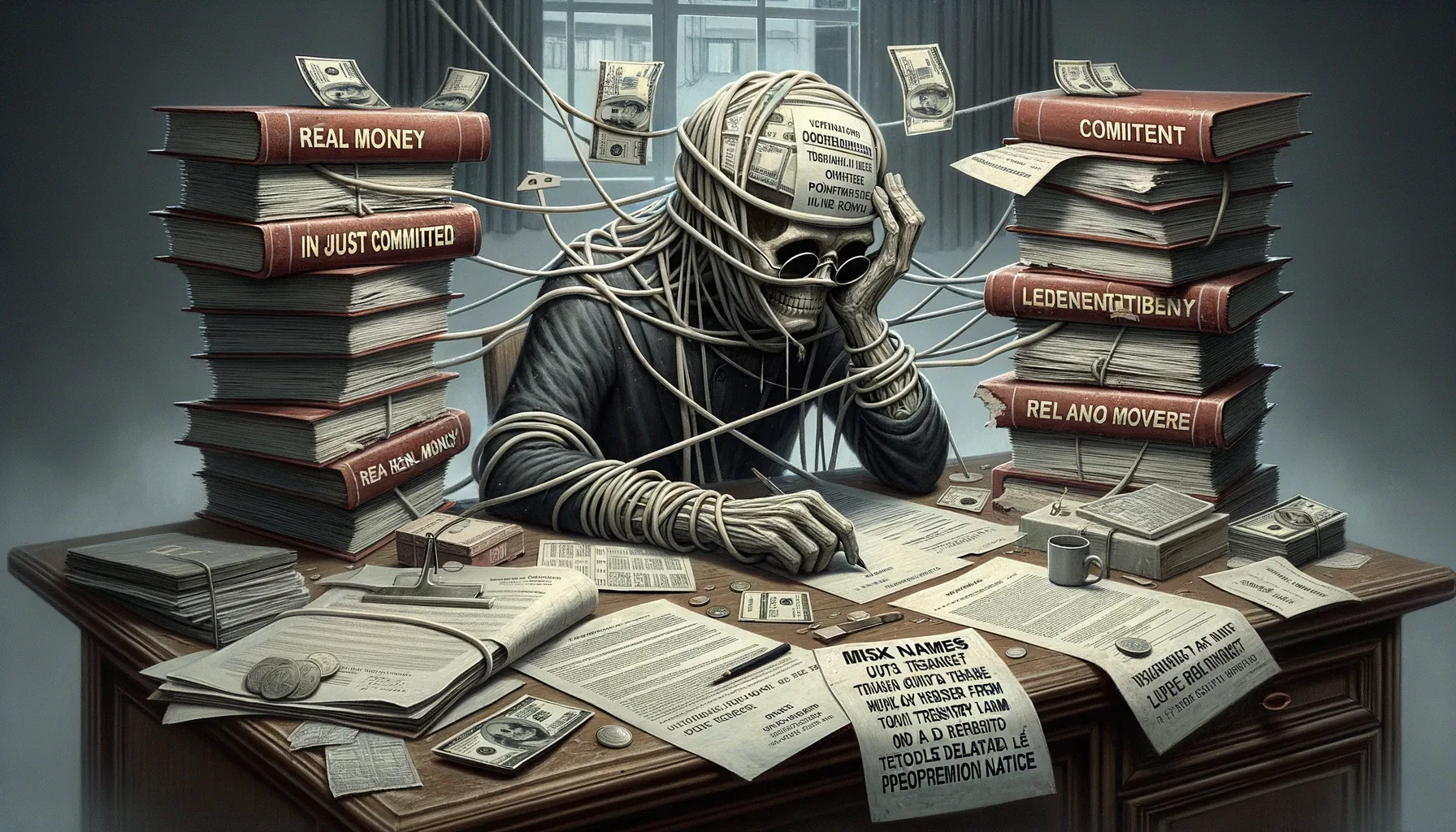 Red land book, old-format title pages, mixed-name transfer documents arranged like a bureaucratic puzzle on a worn desk