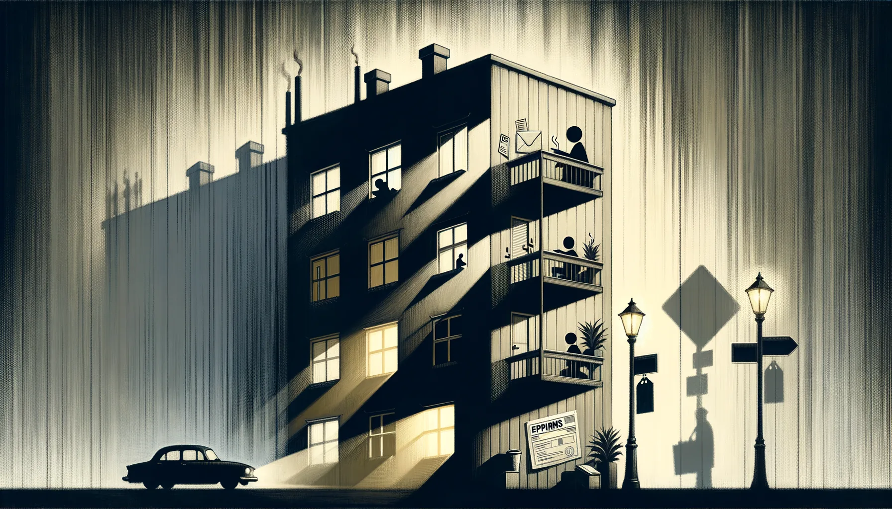 Architectural blueprint split vertically between an official five-floor plan and a ghostly pencil-drawn seven-floor version, surrounded by tea cups and envelopes