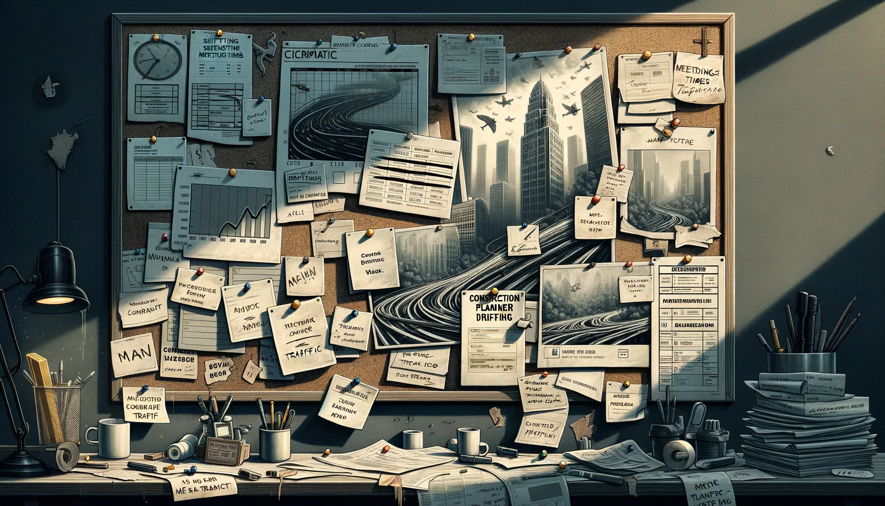 A wall of shifting timelines, crossed-out Gantt charts, permit rewrites, and traffic photos pinned over each other in confident disorder