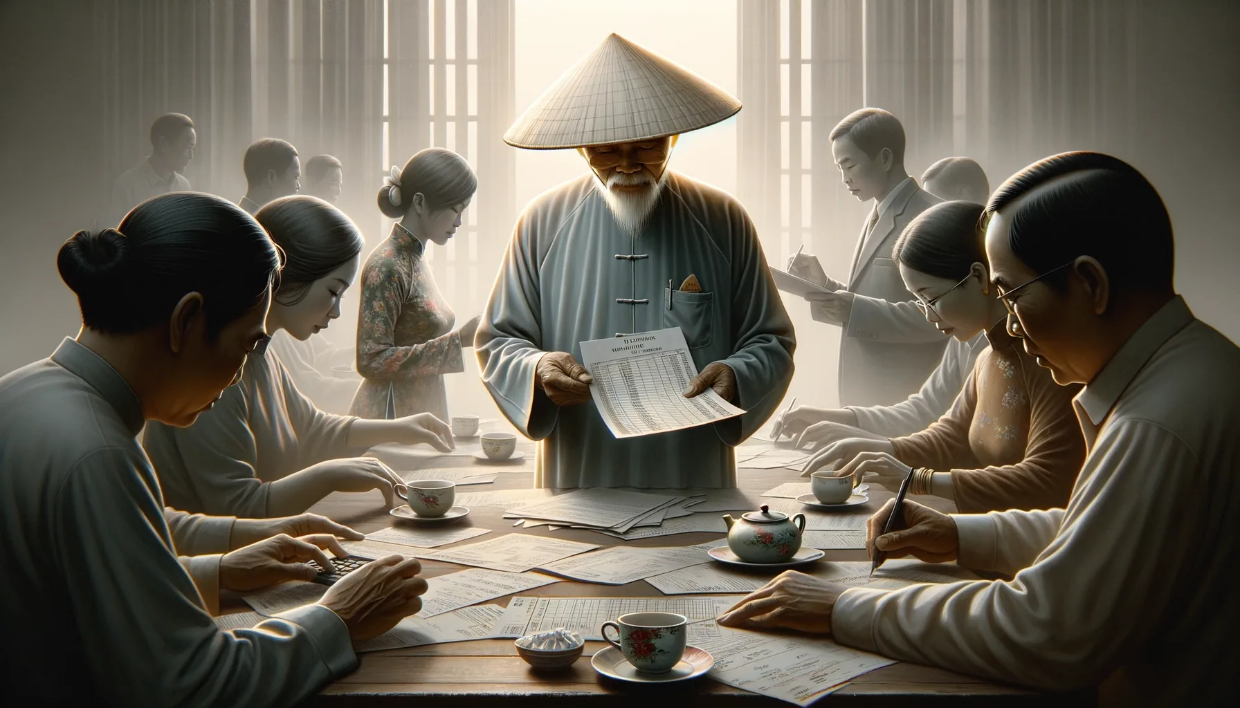 A calm, dignified uncle quietly sorting paperwork at a tea table in soft natural light while transactional figures blur at the edges