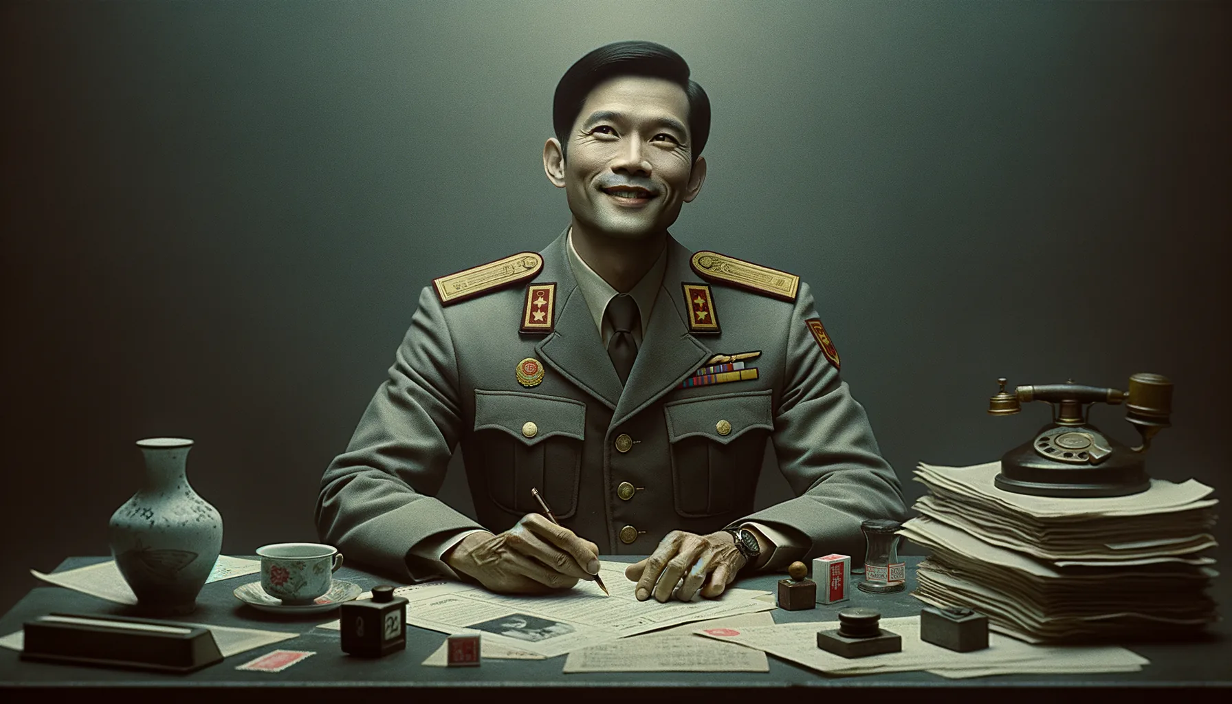 A casual amused officer at an old wooden desk with a half-finished bottle, a stamp, and a neatly stacked folder of paperwork