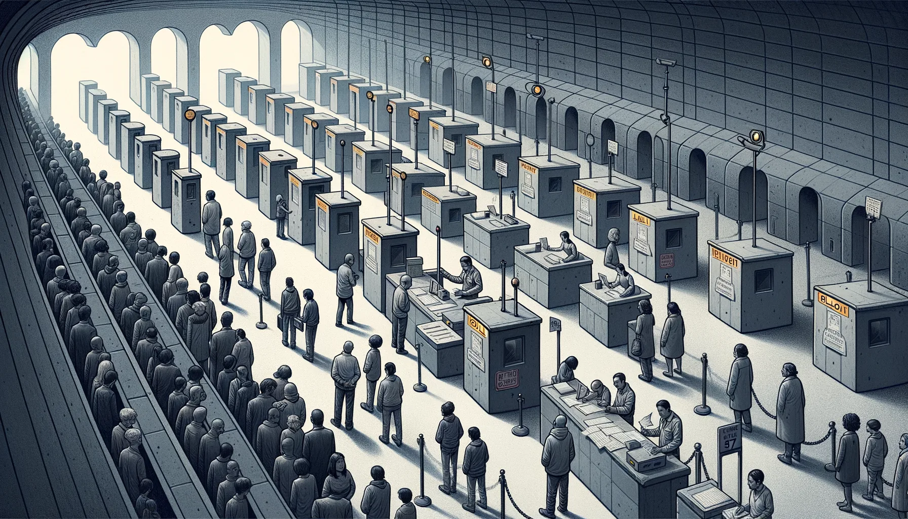 A bureaucratic maze rendered as toll booths with envelope trays, stamps, and a queue of foreigners still waiting at each corridor