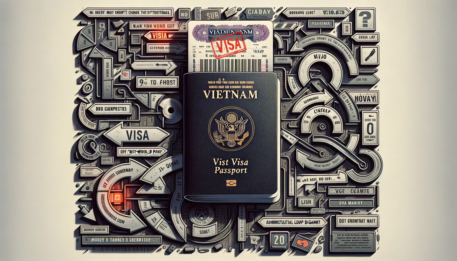 A first-world passport opened to a stamp showing an unusually short six-day stay, surrounded by conflicting visa papers and diverging arrows