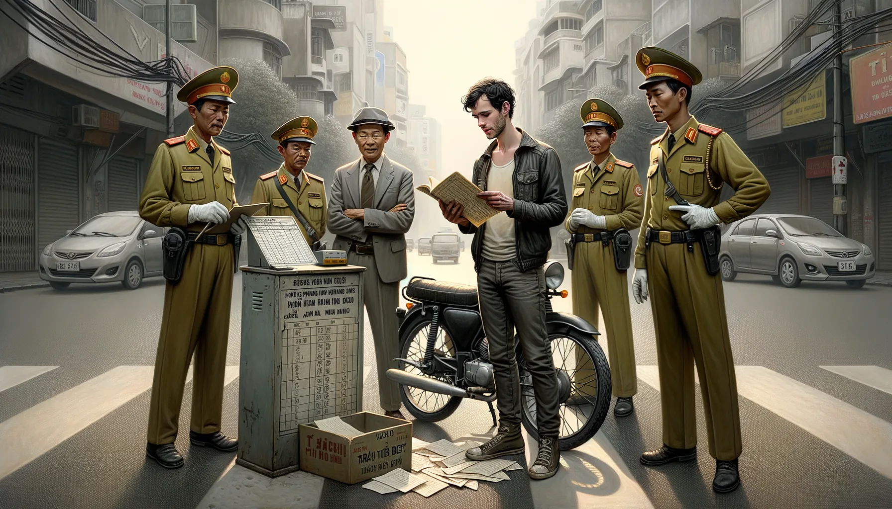 A foreign rider holding a Vietnamese theory-test booklet on a Saigon street, uniformed officers nearby, a small stamp-and-ledger desk between them