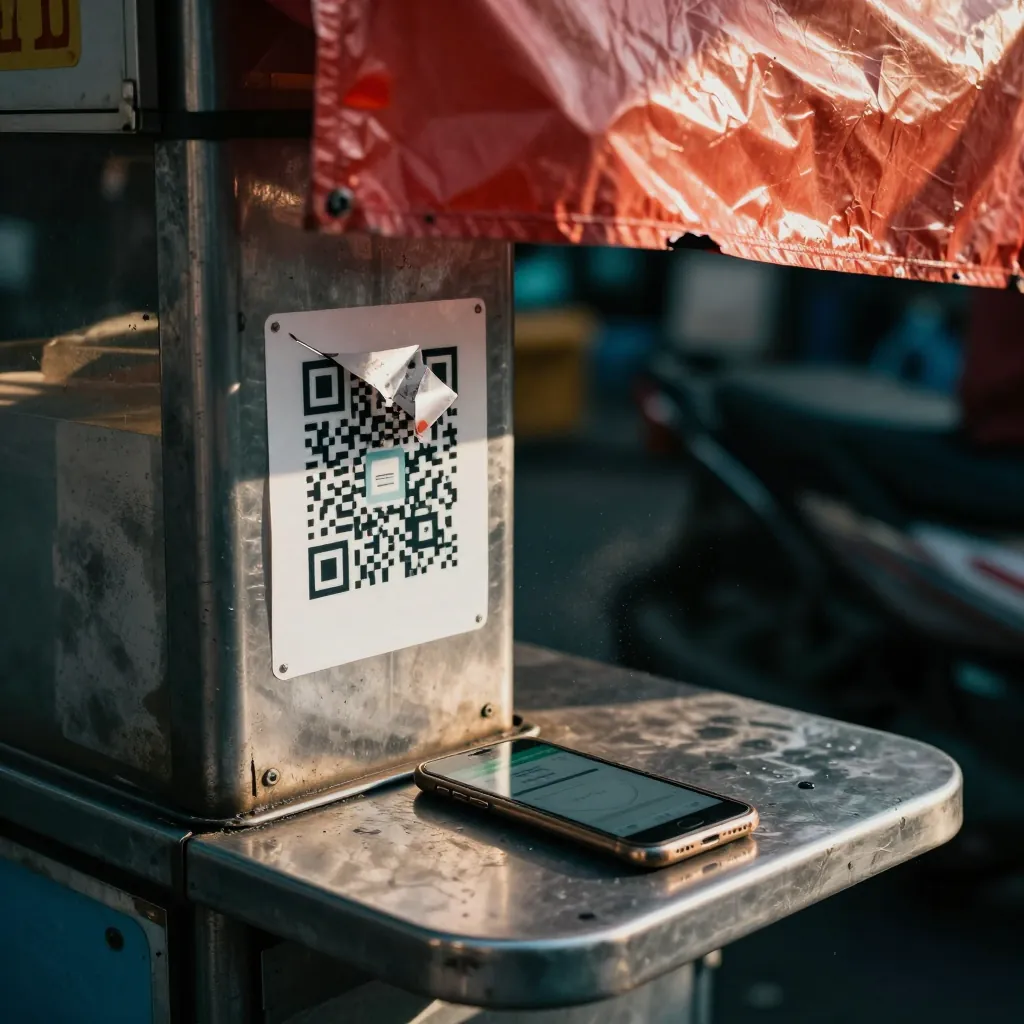 A weathered street QR sign on a stainless pole in Vietnam, a fresh white sticker peeling at one corner, a vendor's hand reaching toward it in the foreground