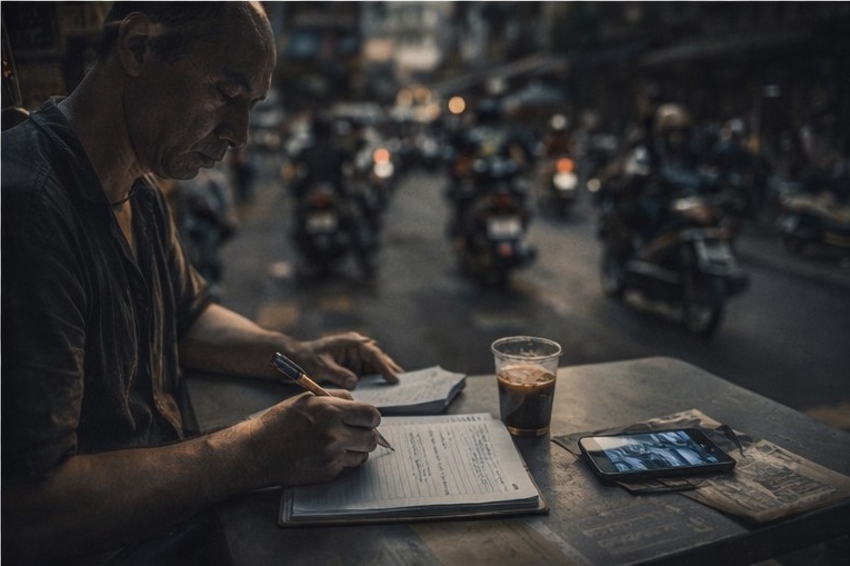 A writer taking notes at a Hanoi street-side table while scooters move behind him