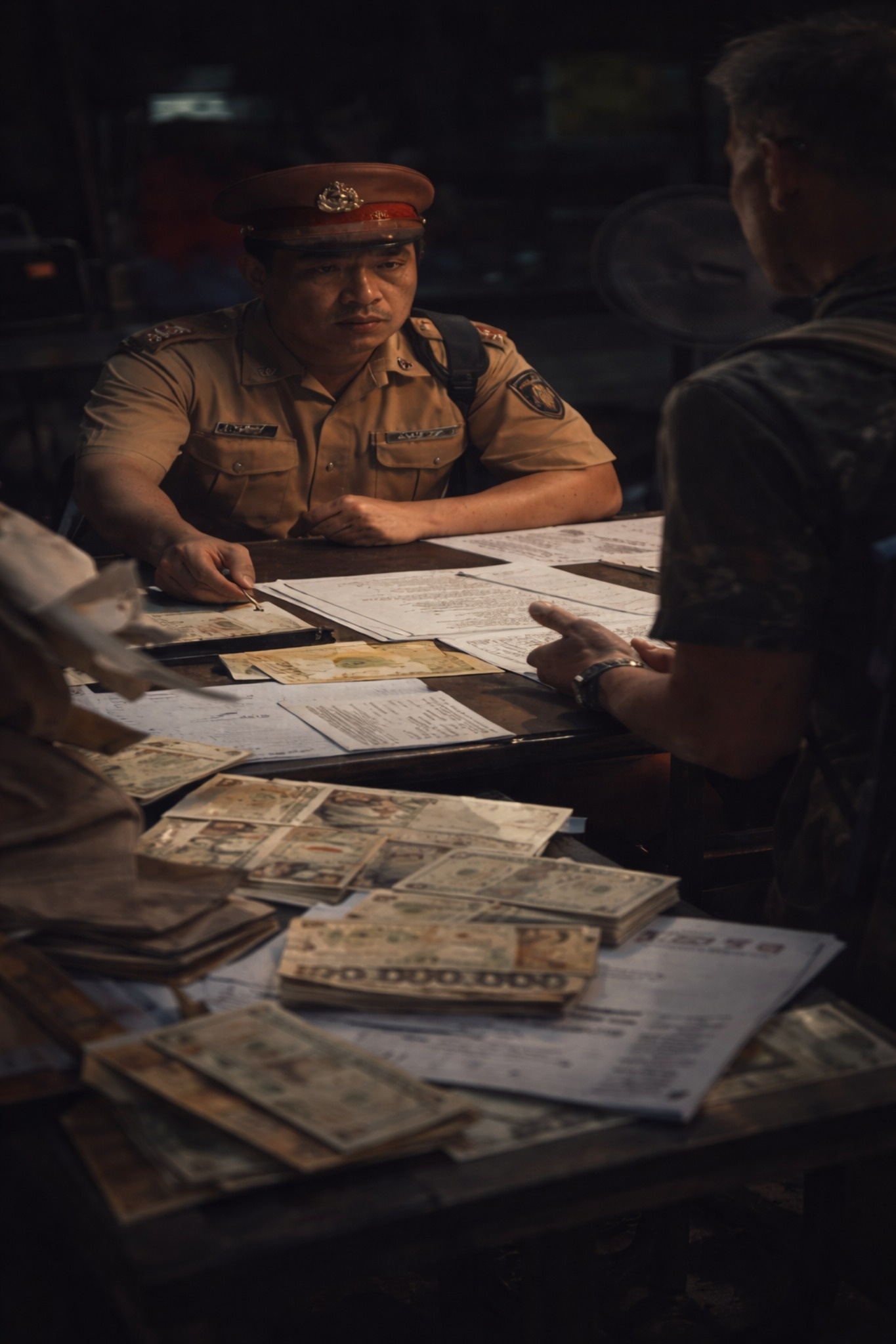Tense paperwork interaction at an official desk