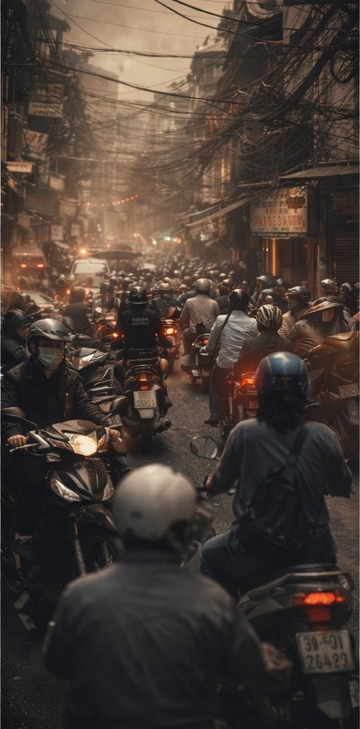 Dense scooters and overhead wires in a crowded Vietnamese street